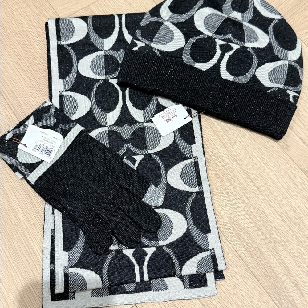 Set: Coach Black and Gray Signature Hat/Scarf and Mits